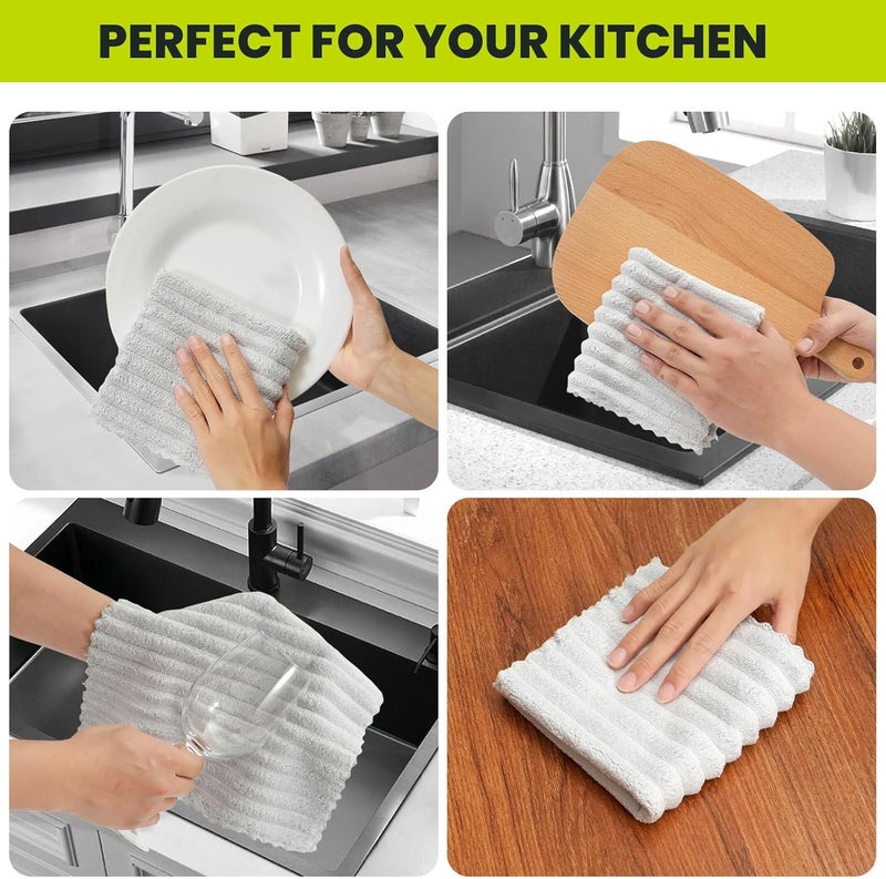 Neessno Kitchen Dish Cloths,Super Absorbent Coral Velvet Dish Towels,Quick Drying Kitchen Towels No Lint Dish Rags,Reusable Household Microfiber Cleaning Cloth,12X12 inches(12 Pack,Light Grey Streak) - Image 4
